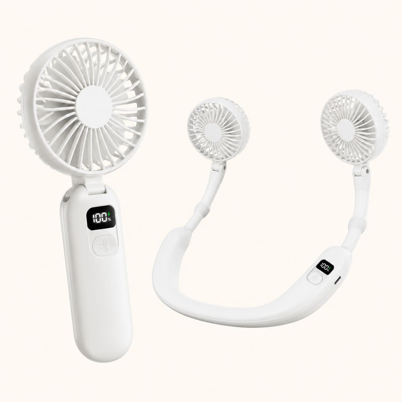 BreezeLoop foldable mini fan shown as a handheld fan and a neck-hanging fan